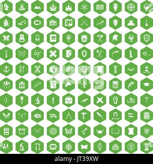 100 archeology icons hexagon green Stock Vector