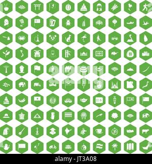 100 Asia icons hexagon green Stock Vector