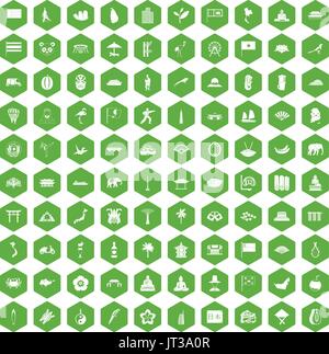 100 asian icons hexagon green Stock Vector