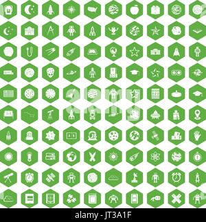 100 astronomy icons hexagon green Stock Vector