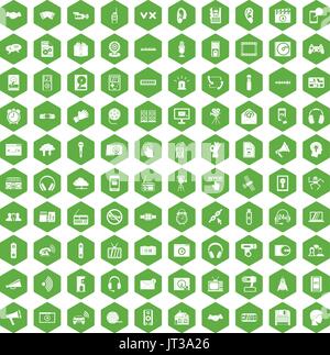 100 audio icons hexagon green Stock Vector
