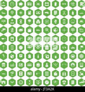 100 auto repair icons hexagon green Stock Vector