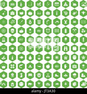100 autumn holidays icons hexagon green Stock Vector