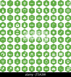 100 baby icons hexagon green Stock Vector