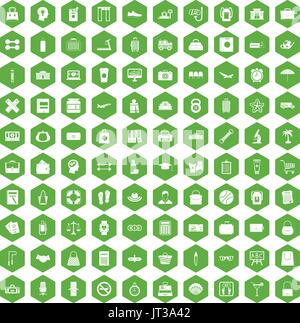100 bag icons hexagon green Stock Vector