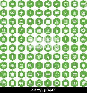 100 bakery icons hexagon green Stock Vector