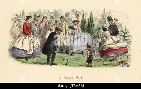 A Croquet Match, 1862. Victorian gentlemen and ladies playing the fashionable game of croquet. A woman steps on a ball to croquet her male opponent, while another lady shows her ankles under her crinoline skirts. Handcoloured etching by John Leech from Follies of the Year, from Punch’s Pocket Books, Bradbury, London, 1864. Stock Photo