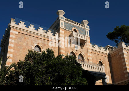 Decorated rooftop of the former Gelat house in Disraeli street located in Talbiya or Talbiyeh neighborhood officially Komemiyut, built in the 1920s and 1930s which most of the early residents were affluent Arab Christians who built elegant homes with Renaissance, Moorish and Arab architectural motifs. West Jerusalem Israel Stock Photo