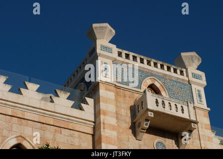 Decorated rooftop of the former Gelat house in Disraeli street located in Talbiya or Talbiyeh neighborhood officially Komemiyut, built in the 1920s and 1930s which most of the early residents were affluent Arab Christians who built elegant homes with Renaissance, Moorish and Arab architectural motifs. West Jerusalem Israel Stock Photo