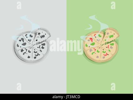 Digital vector funny comic cartoon colored and black and white hot pizza with vegetables and steam, abstract realistic flat style Stock Vector
