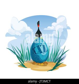 Digital vector funny comic cartoon black goose duck bird sitting on nesting a huge xxl blue egg, sand and green grass, hand drawn illustration, abstra Stock Vector