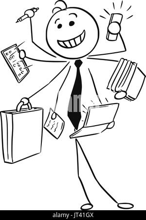 Cartoon vector stick man illustration of successful happy smiling businessman or seller working on many tasks in same time, conceptual idea of man wit Stock Vector