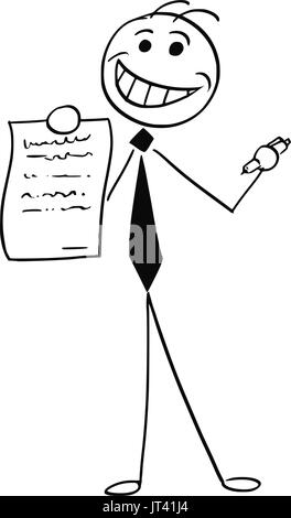 Cartoon vector illustration of smiling stick man businessman or salesman offering contract or agreement paper to signing. Stock Vector