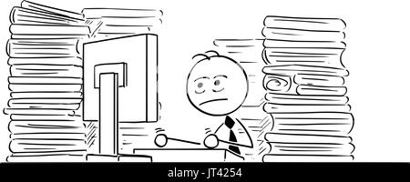 Cartoon illustration of unhappy tired stick man businessman, manager,clerk working on computer in office with files all around. Stock Vector