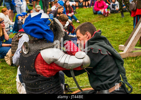 Urych, Ukraine - August 6,2016: Tustan Medieval Culture Festival in Urych, Western Ukraine, on August 6, 2016.Participants of the festival in knight a Stock Photo