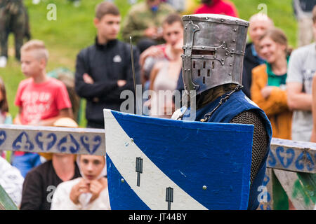 Urych, Ukraine - August 6,2016: Tustan Medieval Culture Festival in Urych, Western Ukraine, on August 6, 2016.Participant of the festival in knight ar Stock Photo