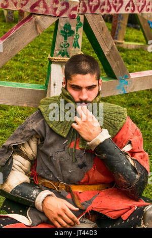 Urych, Ukraine - August 6,2016: Tustan Medieval Culture Festival in Urych, Western Ukraine, on August 6, 2016 . Participant of the festival in knight  Stock Photo