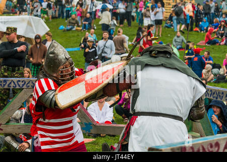 Urych, Ukraine - August 6,2016: Tustan Medieval Culture Festival in Urych, Western Ukraine, on August 6, 2016.Participants of the festival in knight a Stock Photo