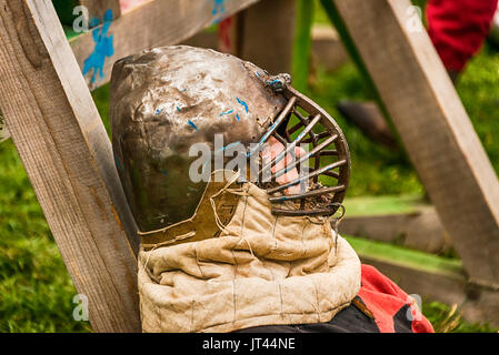 Urych, Ukraine - August 6,2016: Tustan Medieval Culture Festival in Urych, Western Ukraine, on August 6, 2016 . Knight has a rest after the fight. Stock Photo