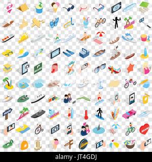 100 summer icons set, isometric 3d style Stock Vector