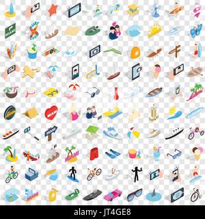 100 summer holidays icons set, isometric 3d style Stock Vector