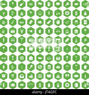 100 beer party icons hexagon green Stock Vector