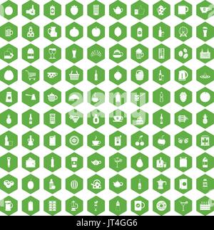 100 beverage icons hexagon green Stock Vector