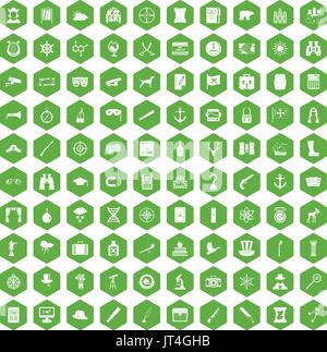 100 binoculars icons hexagon green Stock Vector