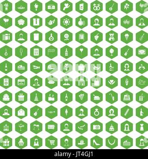 100 birthday icons hexagon green Stock Vector