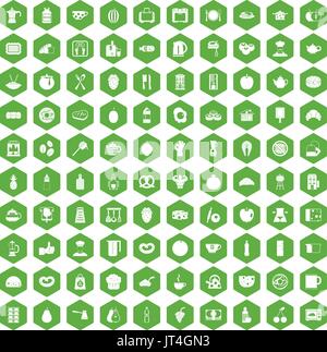 100 breakfast icons hexagon green Stock Vector
