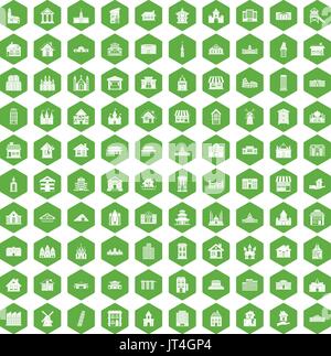 100 building icons hexagon green Stock Vector