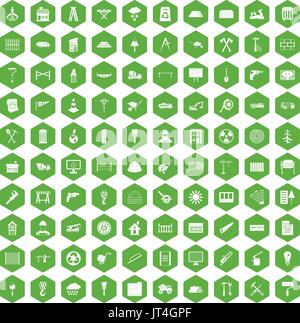 100 building materials icons hexagon green Stock Vector