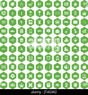 100 bus icons hexagon green Stock Vector