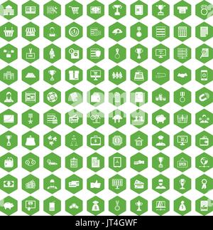 100 business icons hexagon green Stock Vector