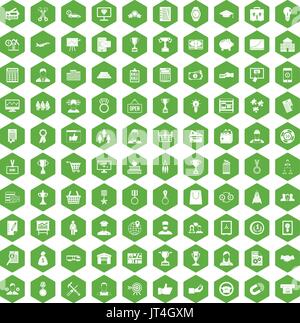 100 business career icons hexagon green Stock Vector