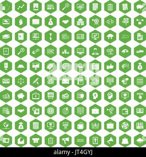 100 business process icons hexagon green Stock Vector
