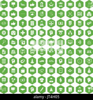 100 business strategy icons hexagon green Stock Vector