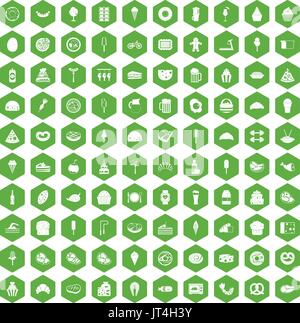 100 calories icons hexagon green Stock Vector