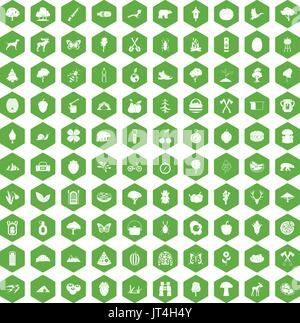 100 camping and nature icons hexagon green Stock Vector