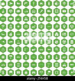 100 car icons hexagon green Stock Vector