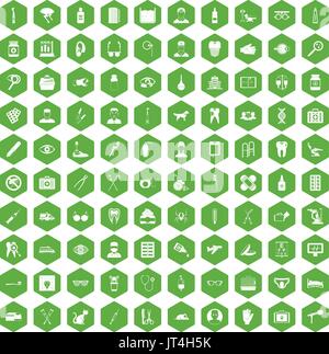 100 care icons hexagon green Stock Vector
