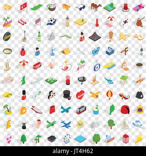 100 travel landmarks icons set, isometric 3d style Stock Vector