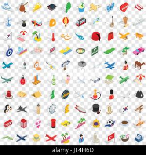 100 travel time icons set, isometric 3d style Stock Vector