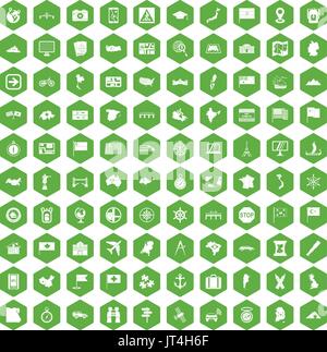 100 cartography icons hexagon green Stock Vector
