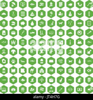 100 cat icons hexagon green Stock Vector
