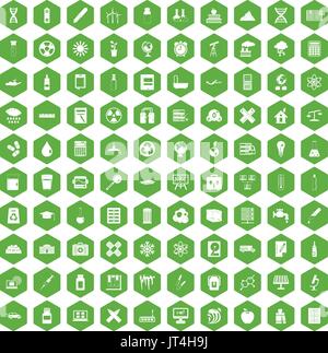 100 chemistry icons hexagon green Stock Vector
