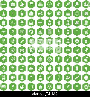100 child center icons hexagon green Stock Vector