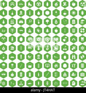 100 child health icons hexagon green Stock Vector