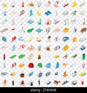 100 vacation icons set, isometric 3d style Stock Vector