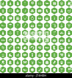 100 children icons hexagon green Stock Vector